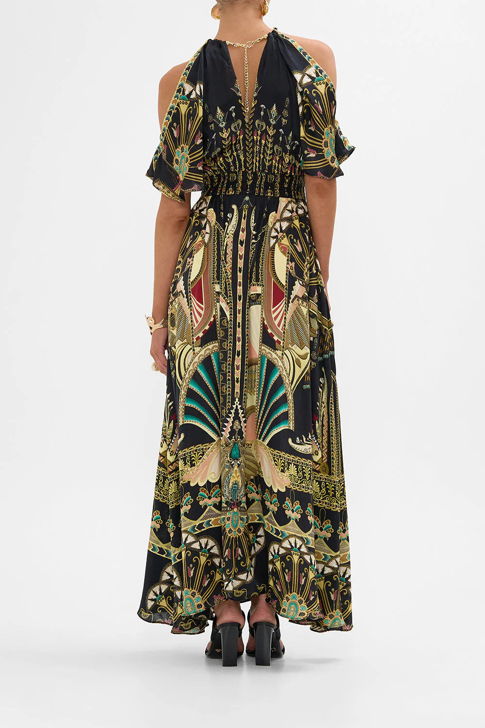 NECK PIECE SHIRRED WAIST LONG DRESS