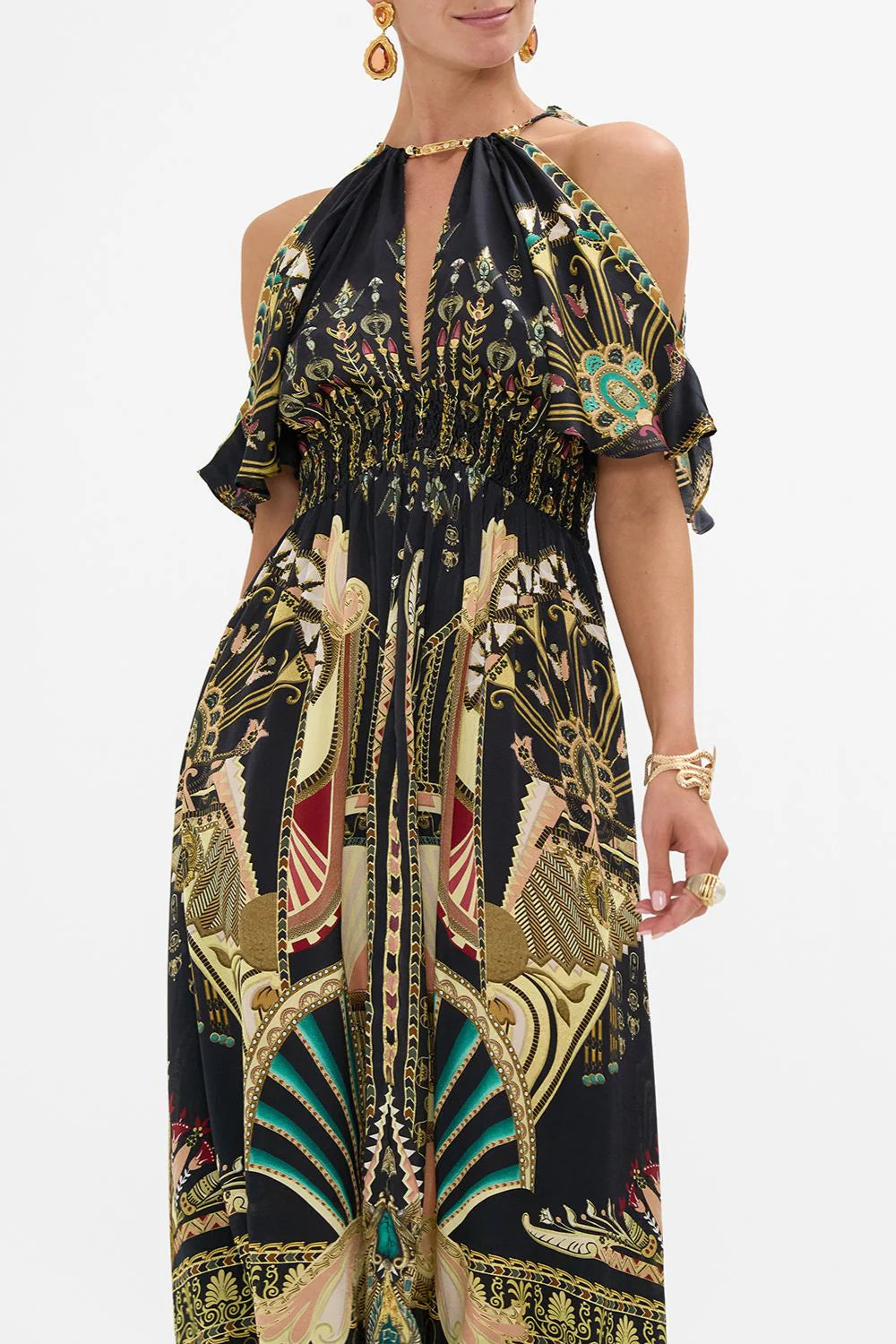 NECK PIECE SHIRRED WAIST LONG DRESS