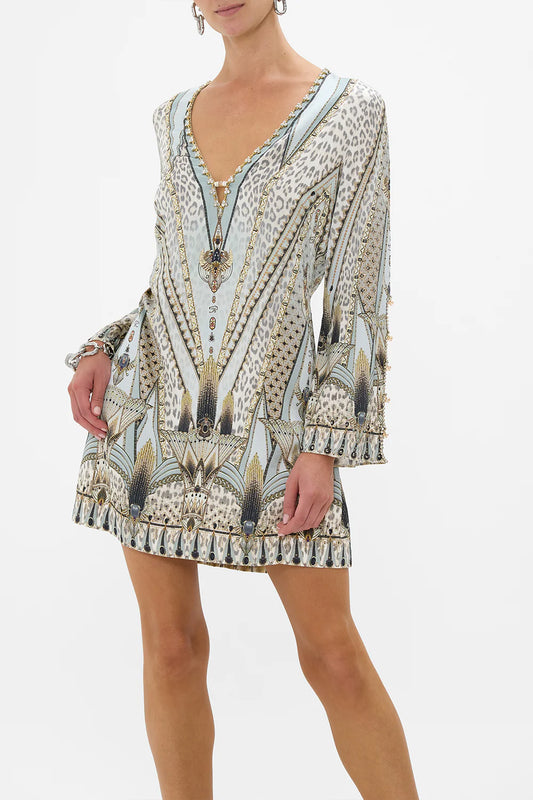 LONG SLEEVE DEEP V SHORT DRESS