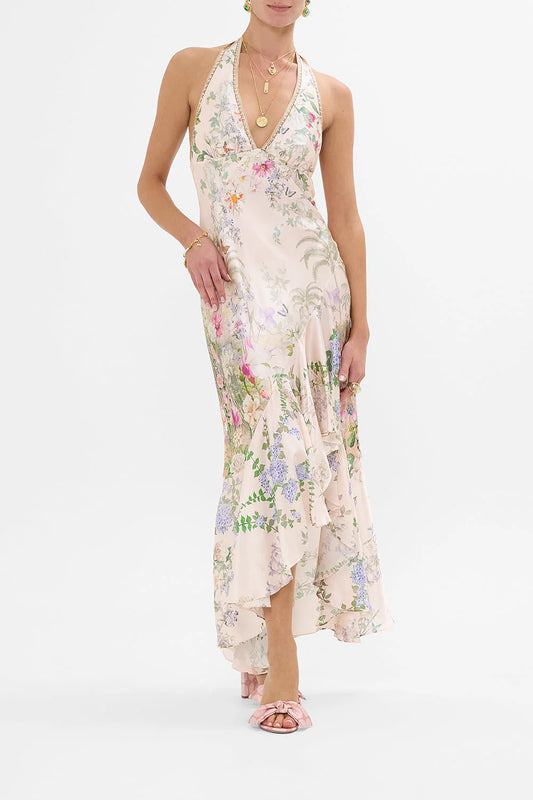 BIAS HALTER DRESS W RUFFLE HEM