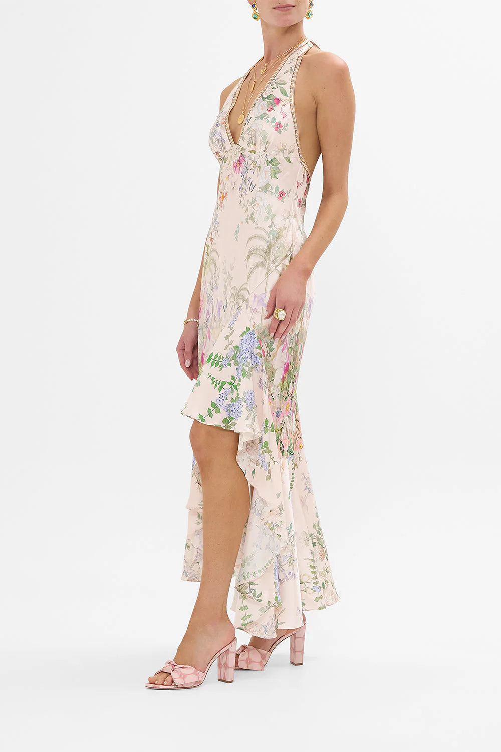 BIAS HALTER DRESS W RUFFLE HEM