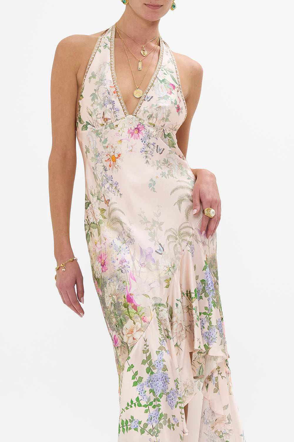 BIAS HALTER DRESS W RUFFLE HEM