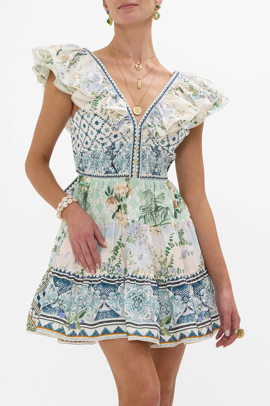 TIERED SHORT DRESS W/ NECK FRILL