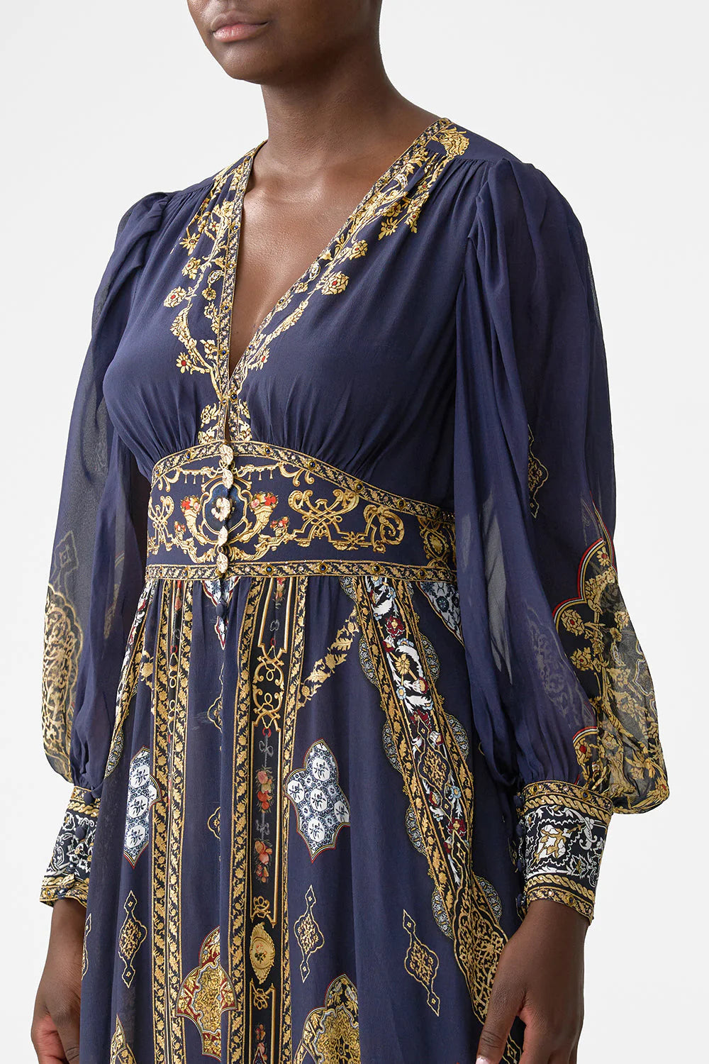 SHAPED WAISTED DRESS WITH GATHERED LONGSLEEVES