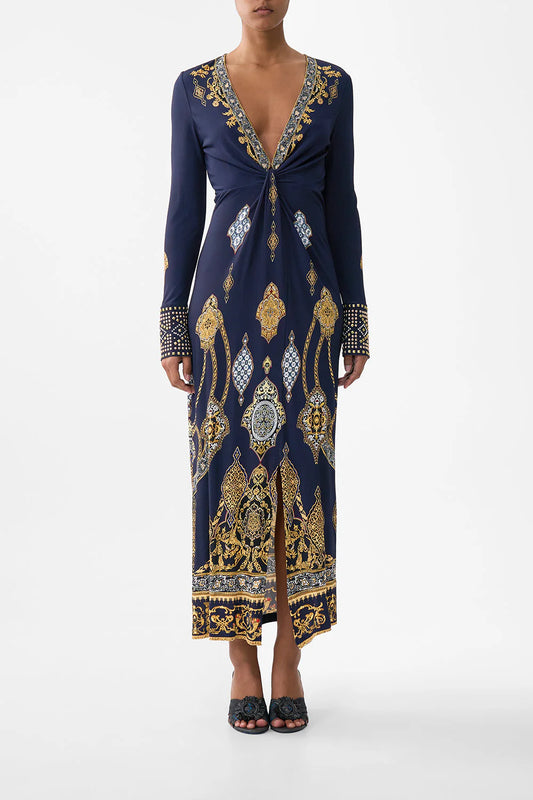 LONG V NECK TWIST FRONT JERSEY DRESS