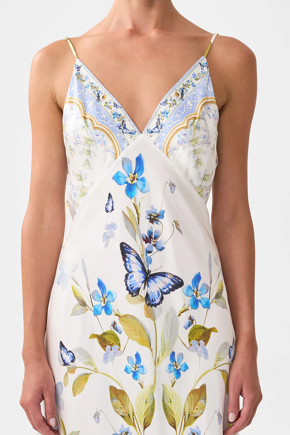 V NECK LONG BIAS SLIP DTESS W TRAIN