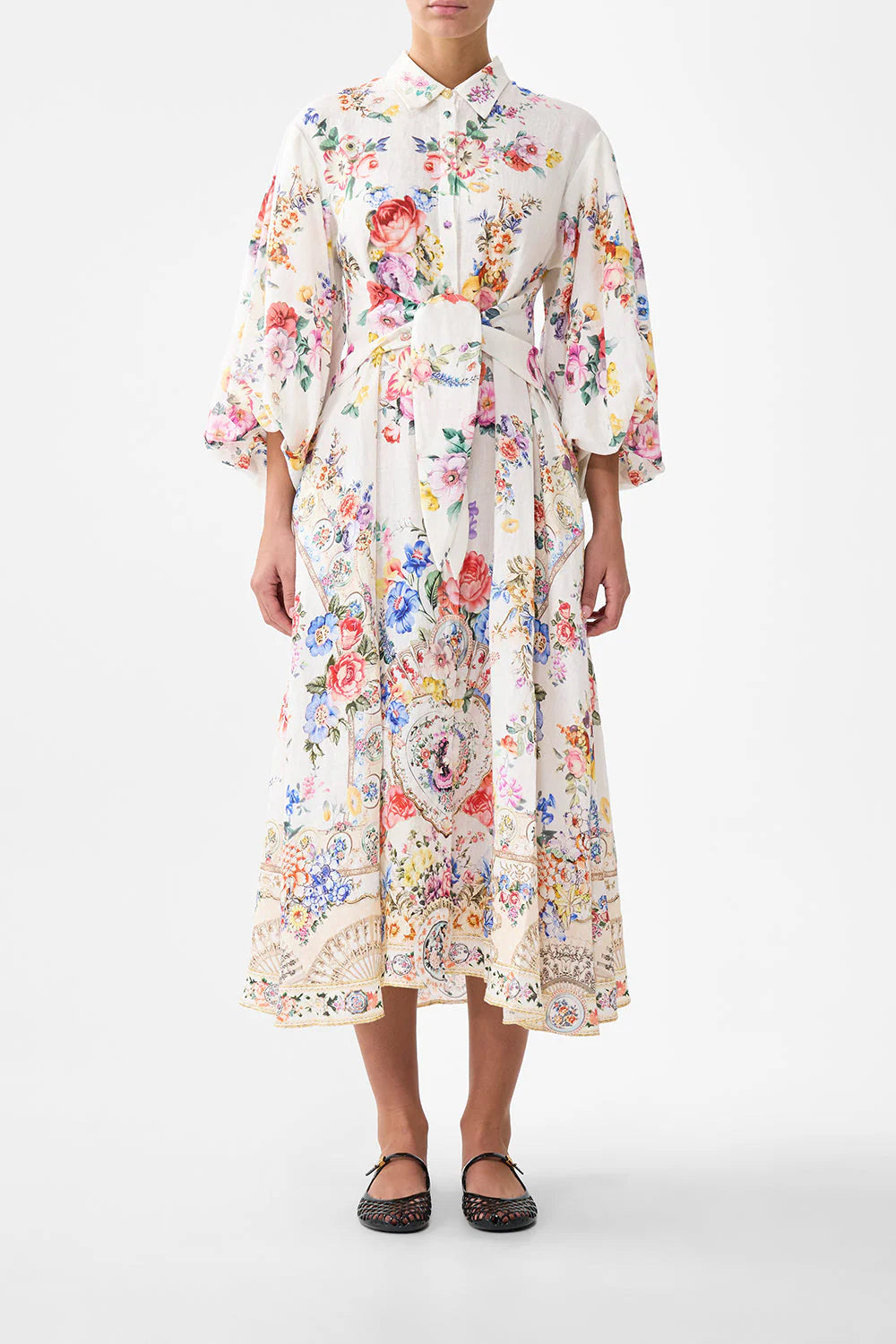 WAIST TIE-SHIRT DRESS W BUBBLE SLEEVE