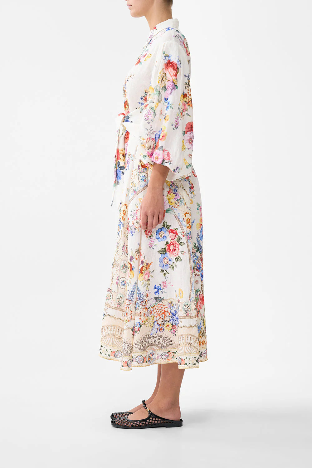 WAIST TIE-SHIRT DRESS W BUBBLE SLEEVE