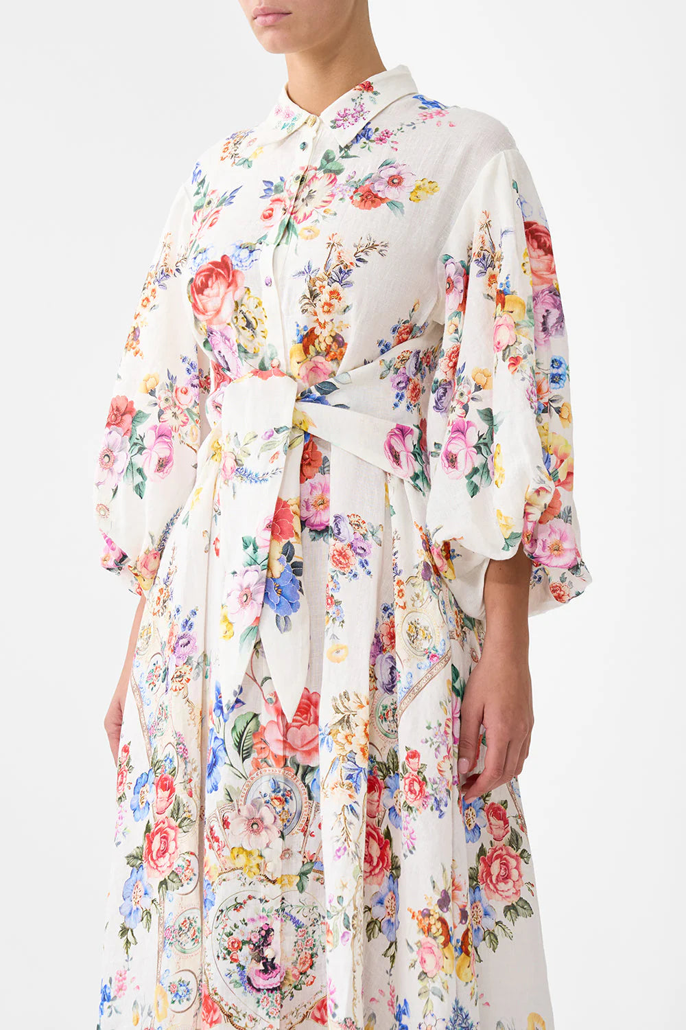 WAIST TIE-SHIRT DRESS W BUBBLE SLEEVE