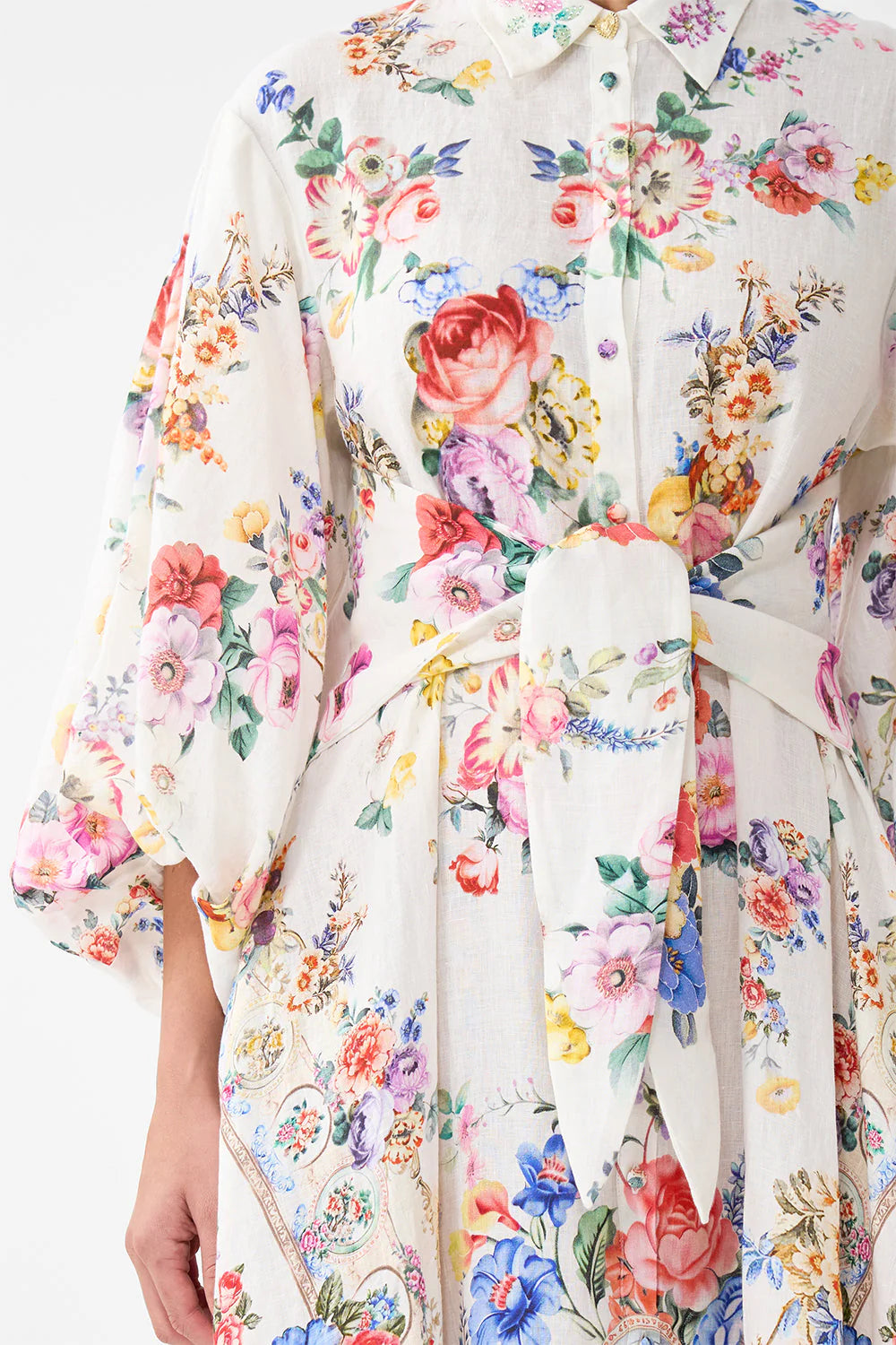 WAIST TIE-SHIRT DRESS W BUBBLE SLEEVE