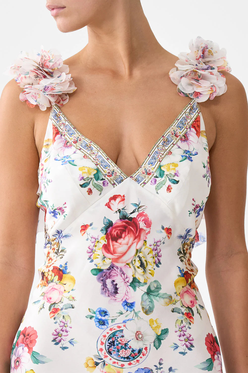 V NECK BIAS SLIP DRESS W BACK FRILL