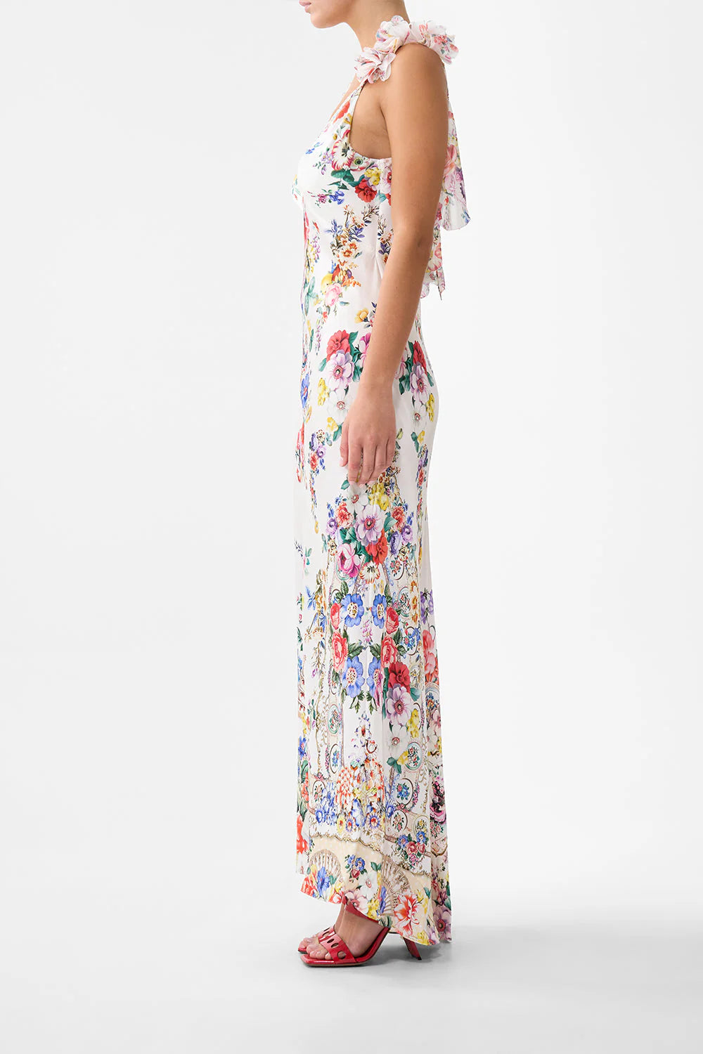 V NECK BIAS SLIP DRESS W BACK FRILL