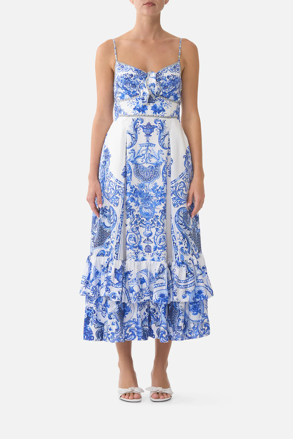 RUFFLE HEM TIE FRONT MIDI DRESS