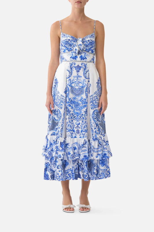 RUFFLE HEM TIE FRONT MIDI DRESS