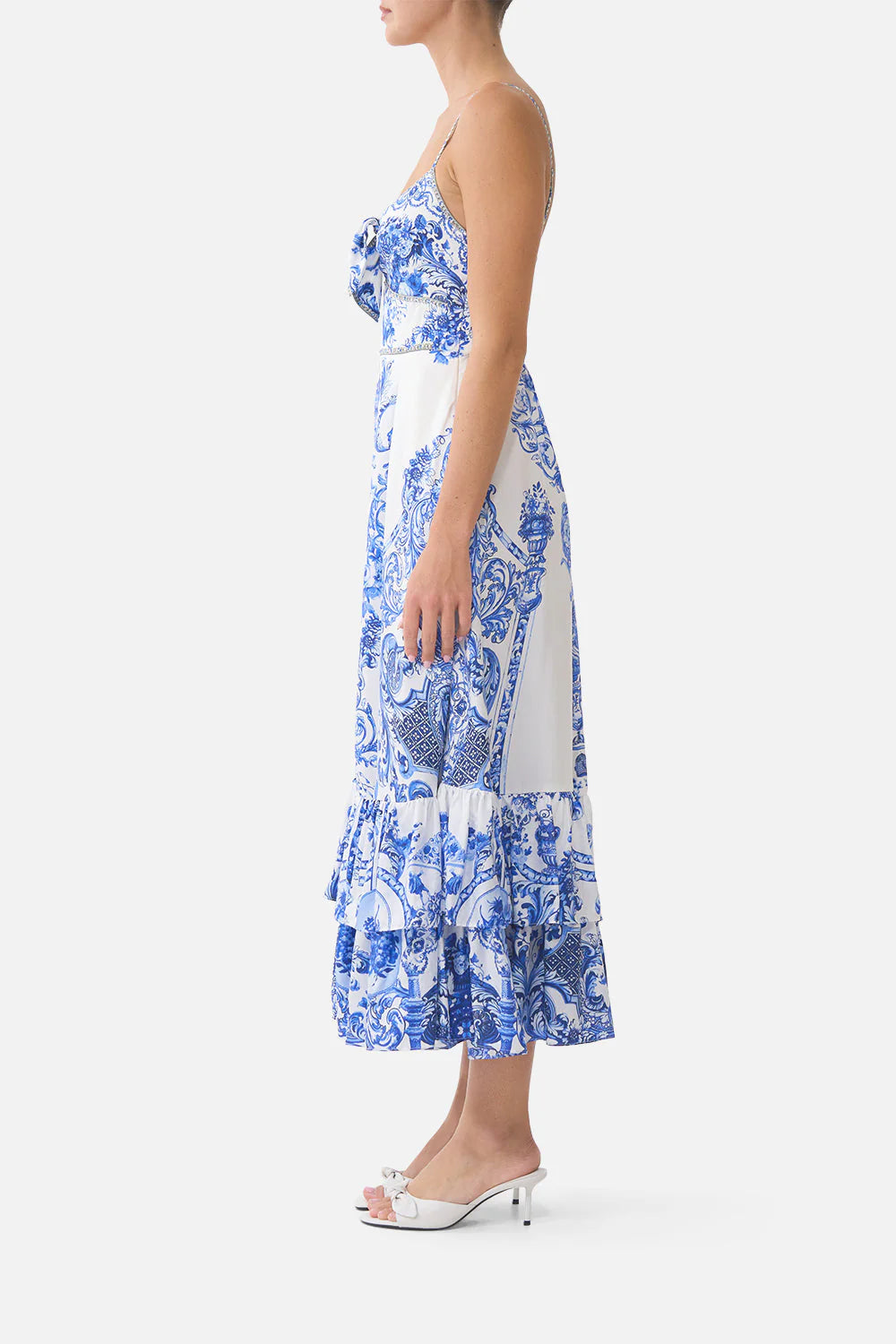 RUFFLE HEM TIE FRONT MIDI DRESS