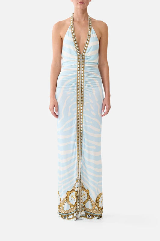 RUCHED FRONT HALTER DRESS