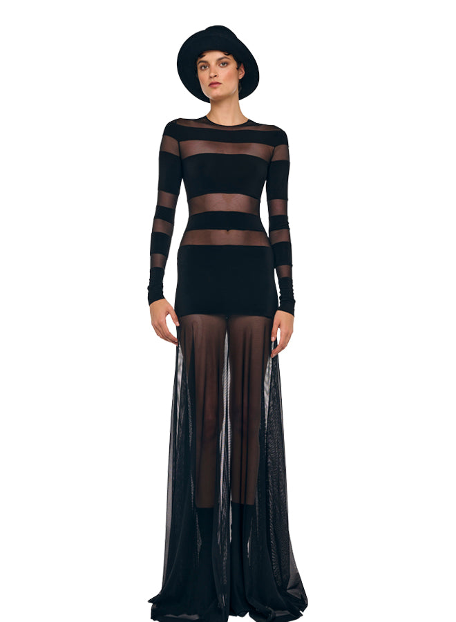 SPLICED LONG SLEEVE FLARED GOWN