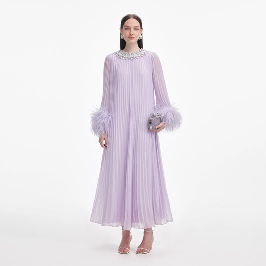 LILAC CHIFFON FEATHER MIDI DRESS