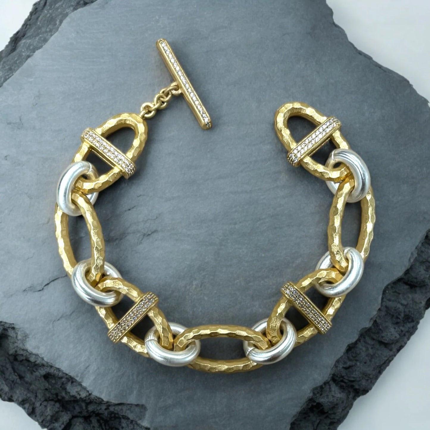 2 TONE PAVE RAVELLE HAMMERED CHAIN BRACELET