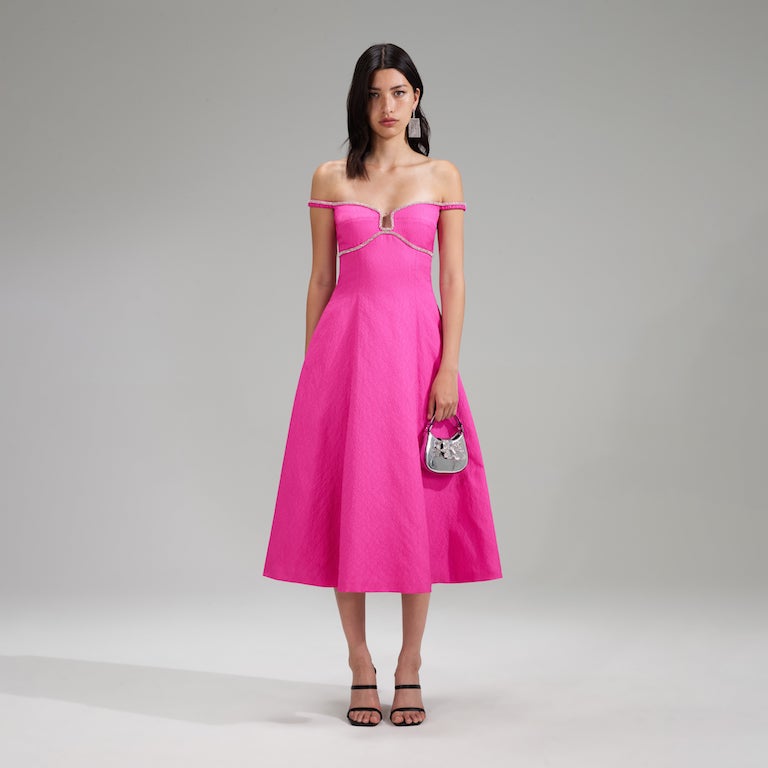 Pink Texture Diamante Detail Midi Dress
