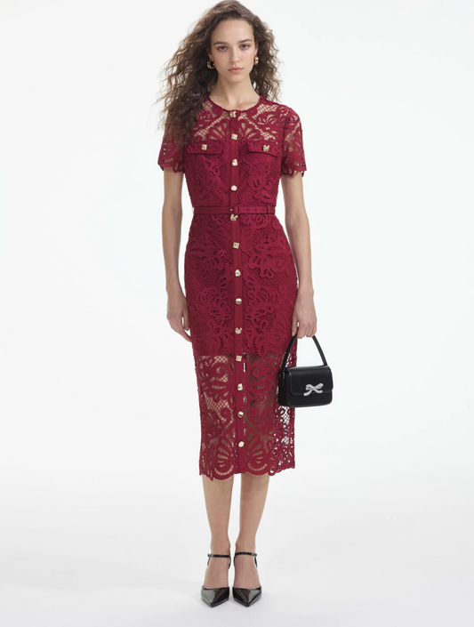 RED GUIPURE LACE BUTTON MIDI DRESS