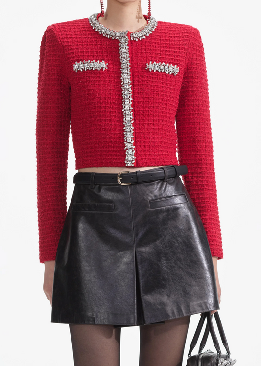 RED TEXTURED KNIT CARDIGAN