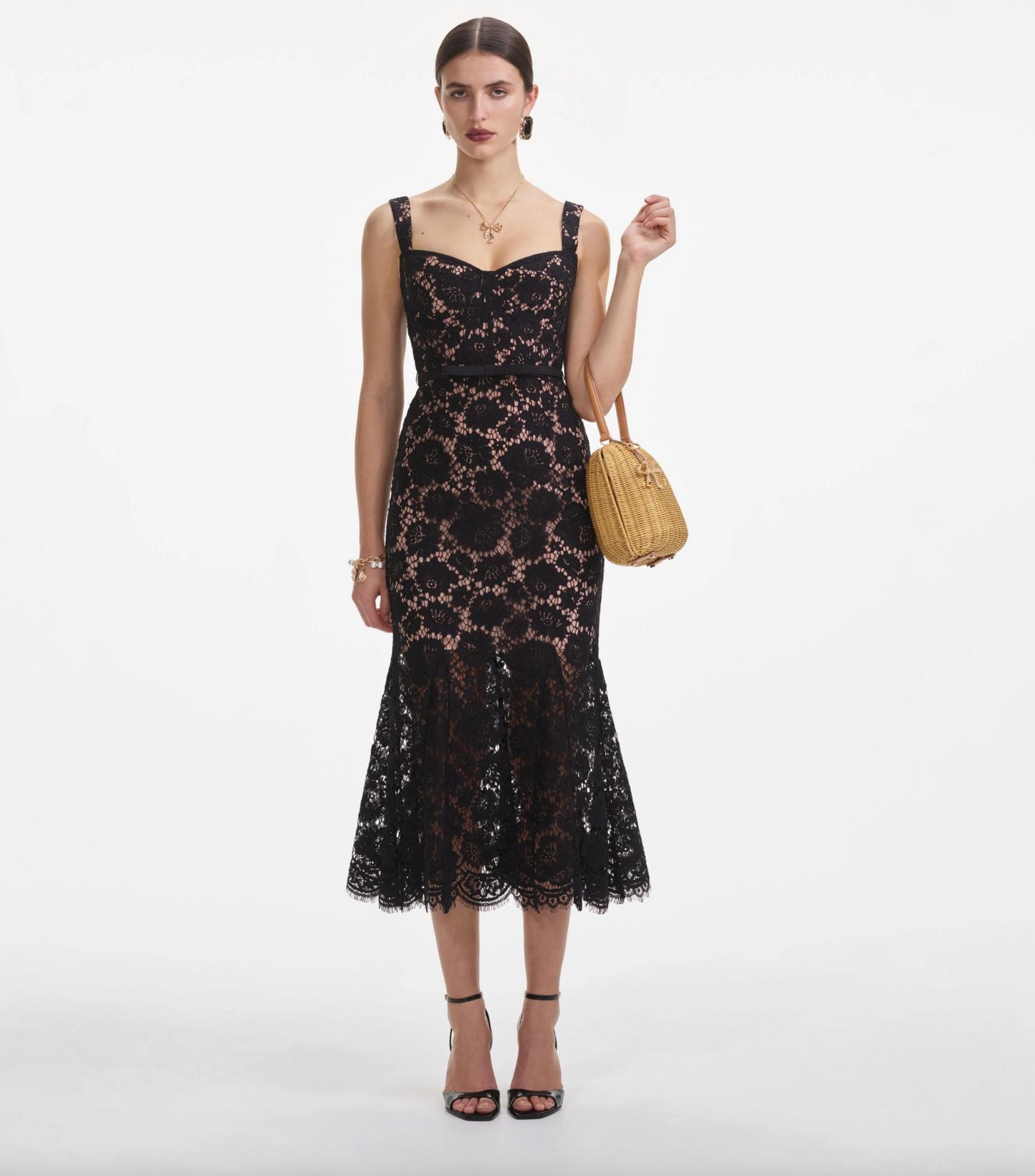 BLACK FINE LACE MIDI DRESS