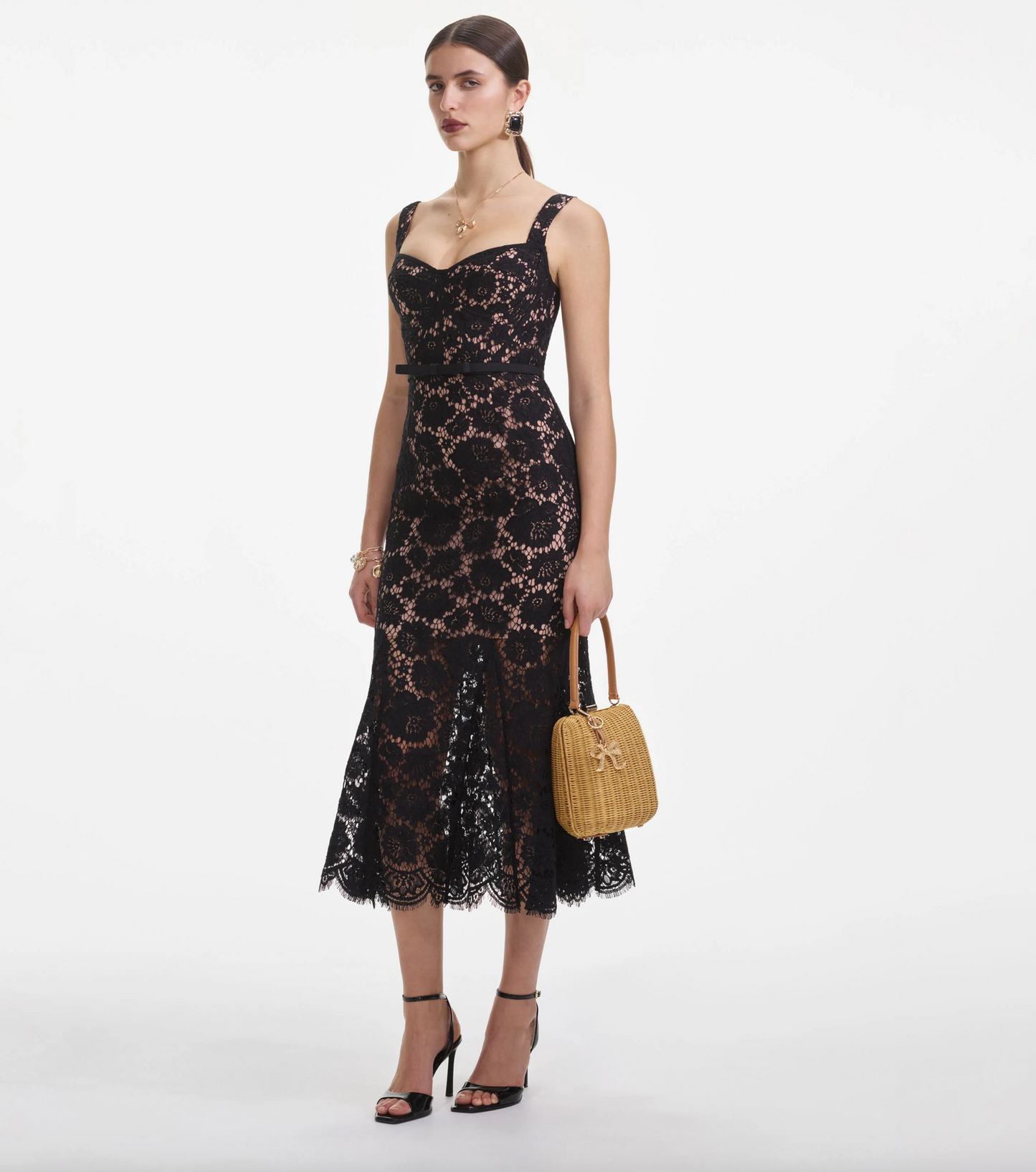 BLACK FINE LACE MIDI DRESS