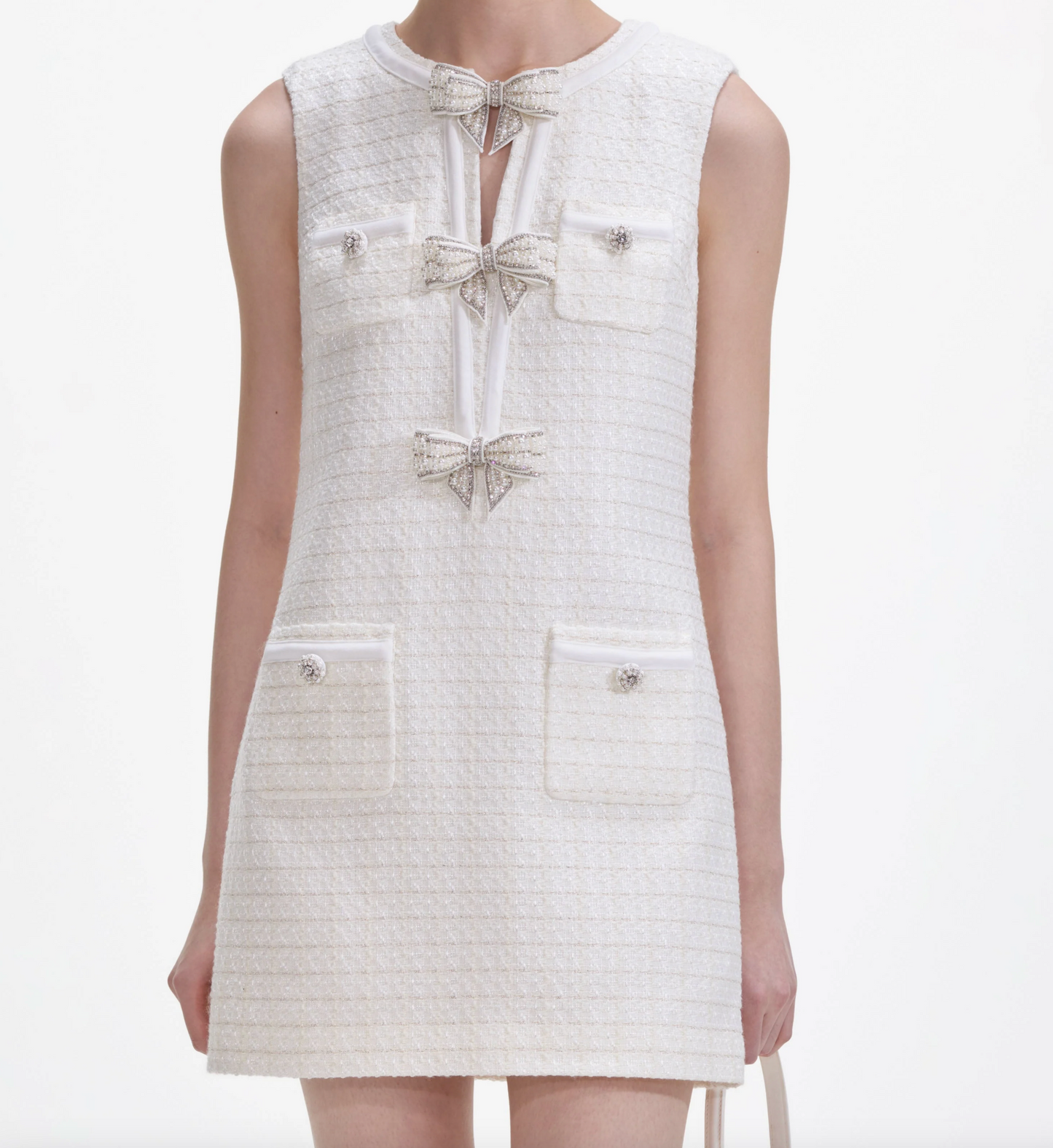 CREAM BOUCLE BOW MINI DRESS