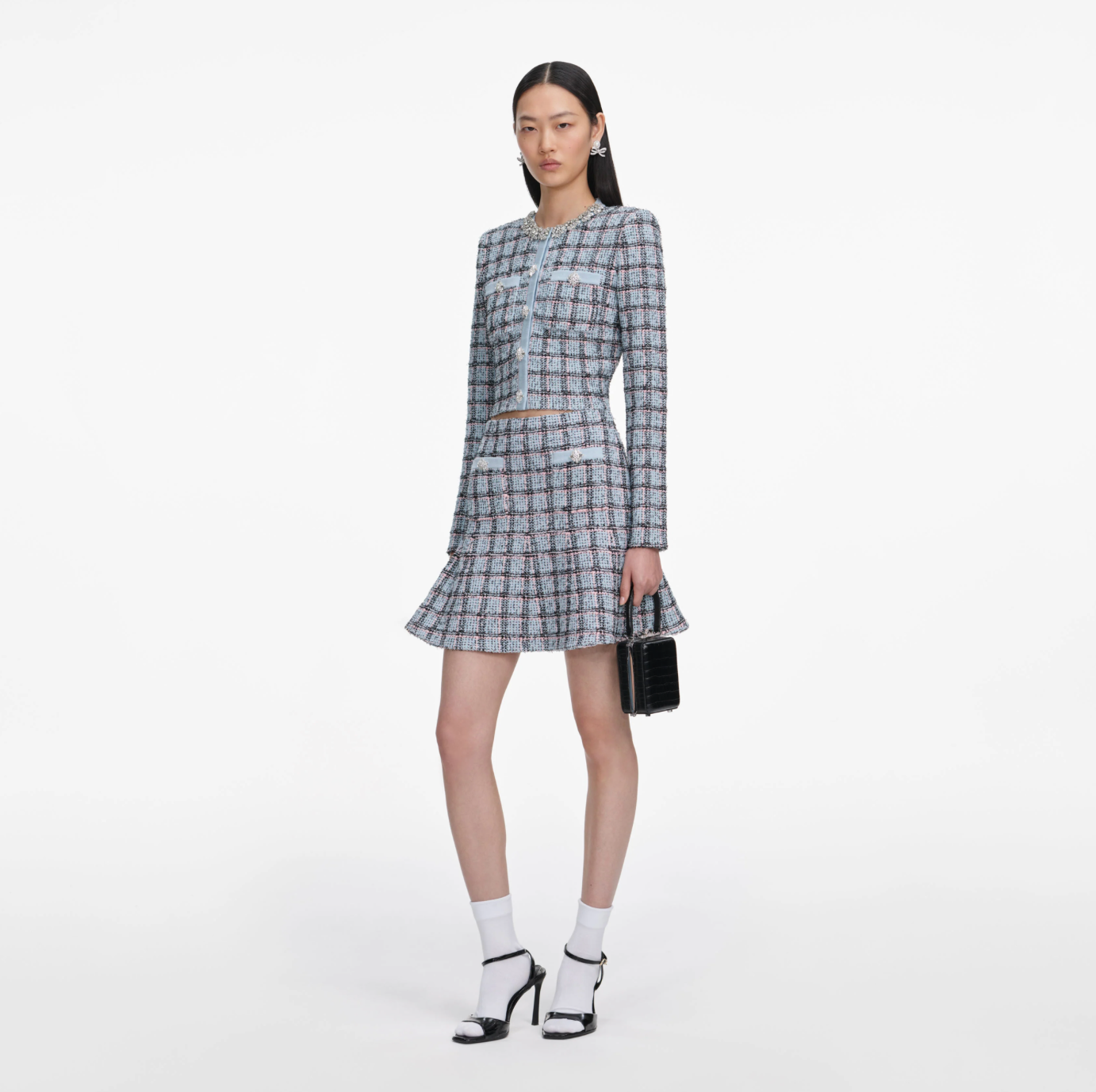 BLUE CHECK KNIT MINI SKIRT