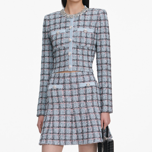 BLUE CHECK KNIT MINI SKIRT