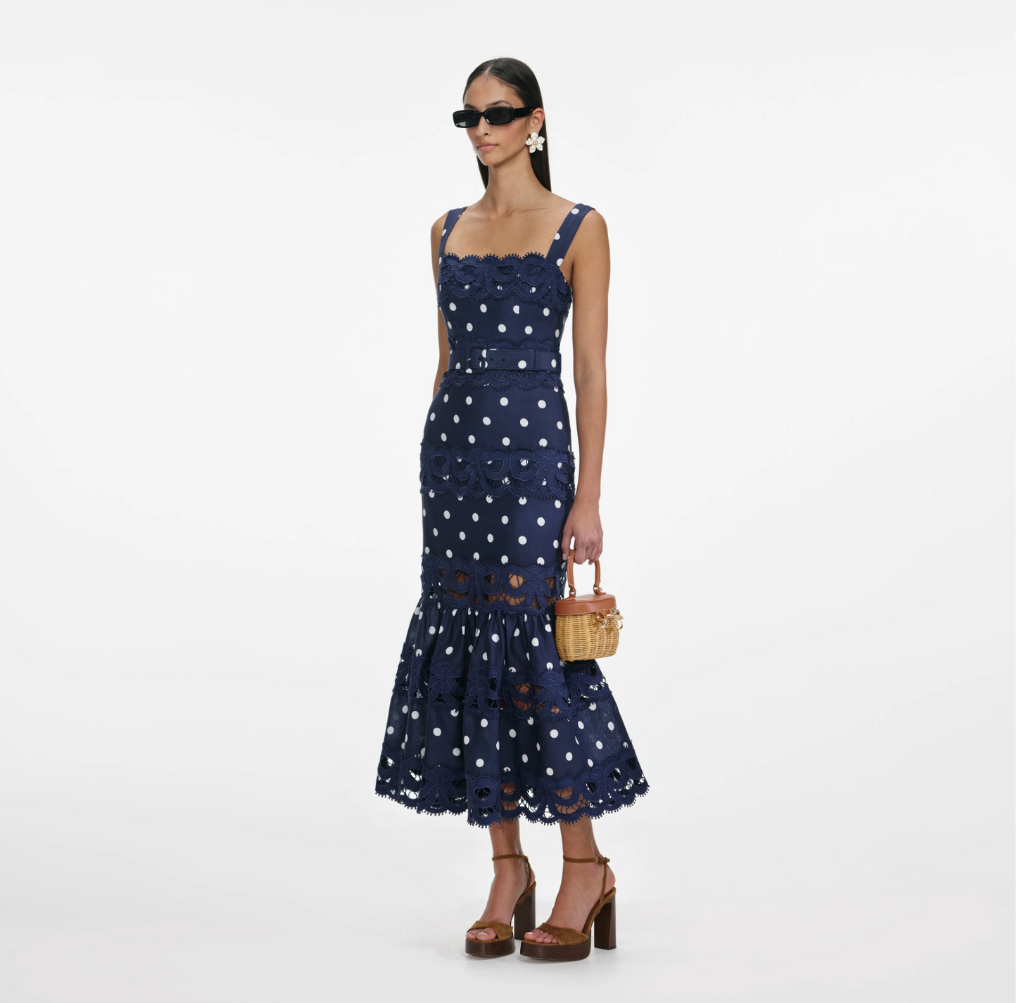 NAVY POLKA DOT LINEN MIDI DRESS