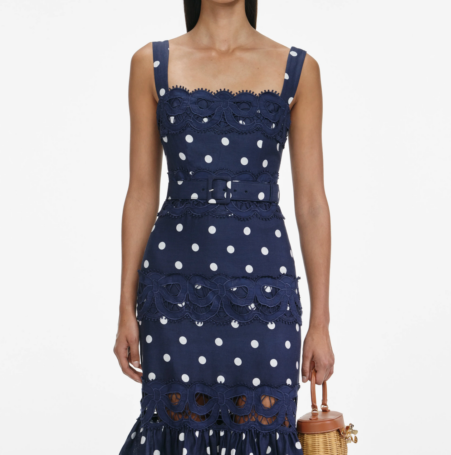 NAVY POLKA DOT LINEN MIDI DRESS