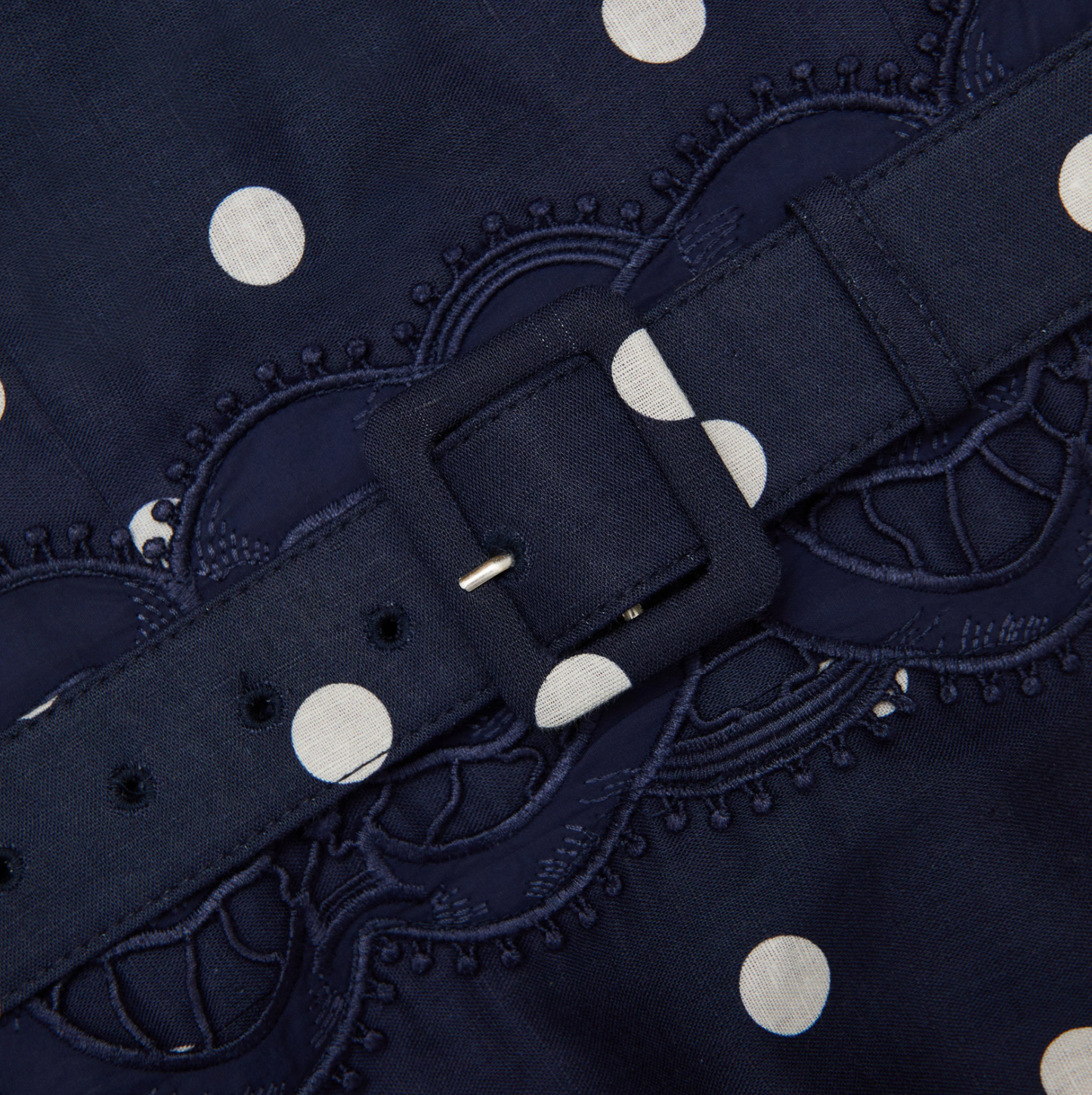 NAVY POLKA DOT LINEN MIDI DRESS