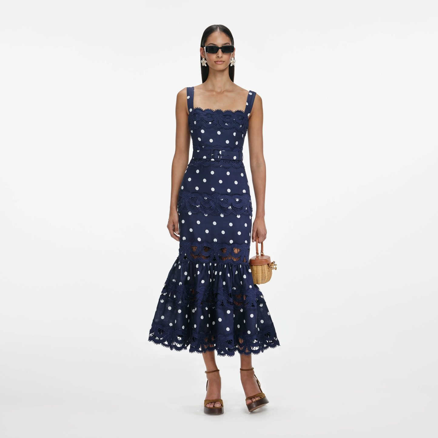 NAVY POLKA DOT LINEN MIDI DRESS