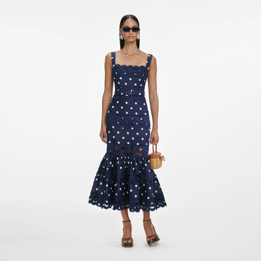 NAVY POLKA DOT LINEN MIDI DRESS