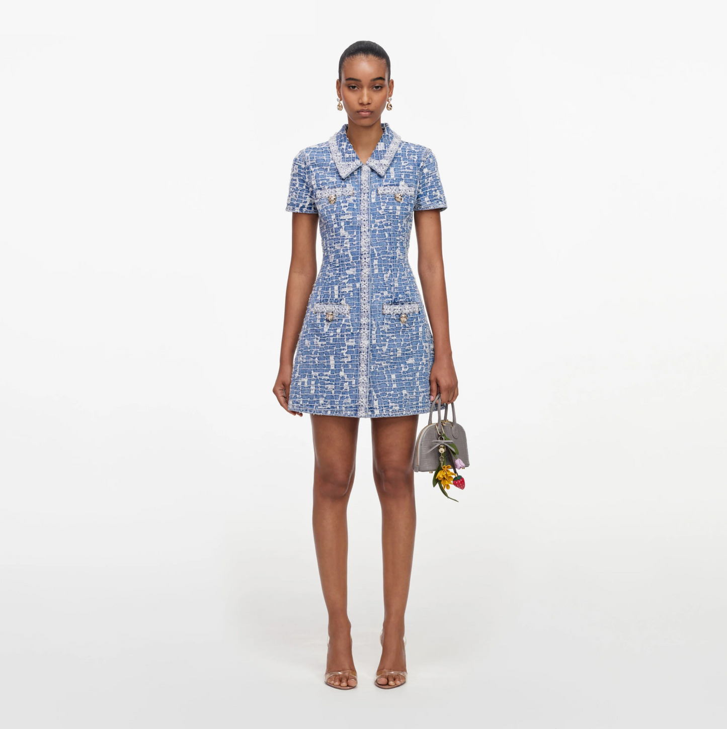COLLARED TEXTURED DENIM MINI DRESS