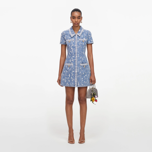COLLARED TEXTURED DENIM MINI DRESS