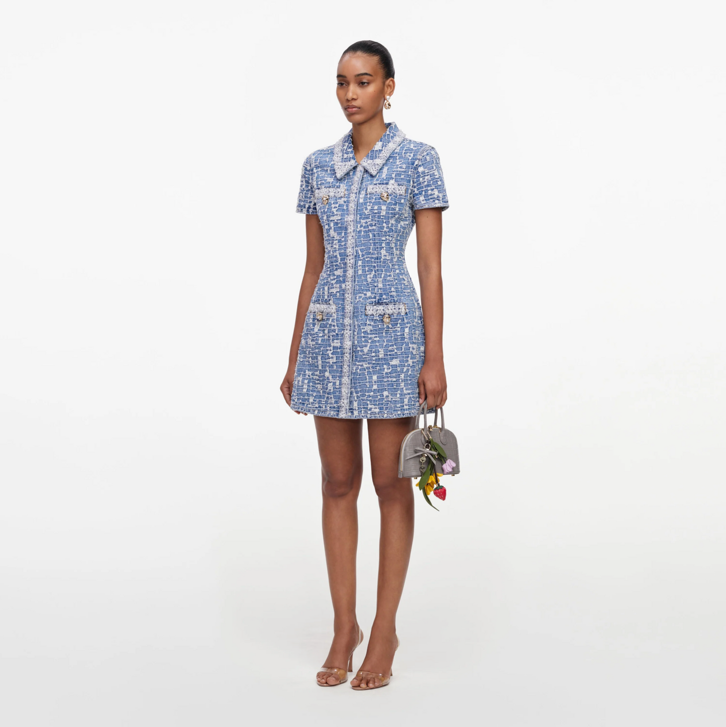 COLLARED TEXTURED DENIM MINI DRESS