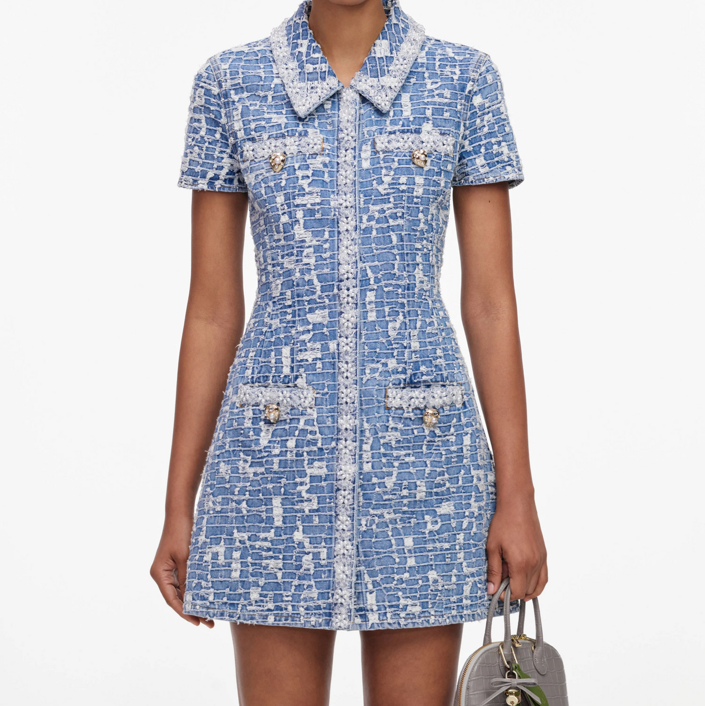 COLLARED TEXTURED DENIM MINI DRESS
