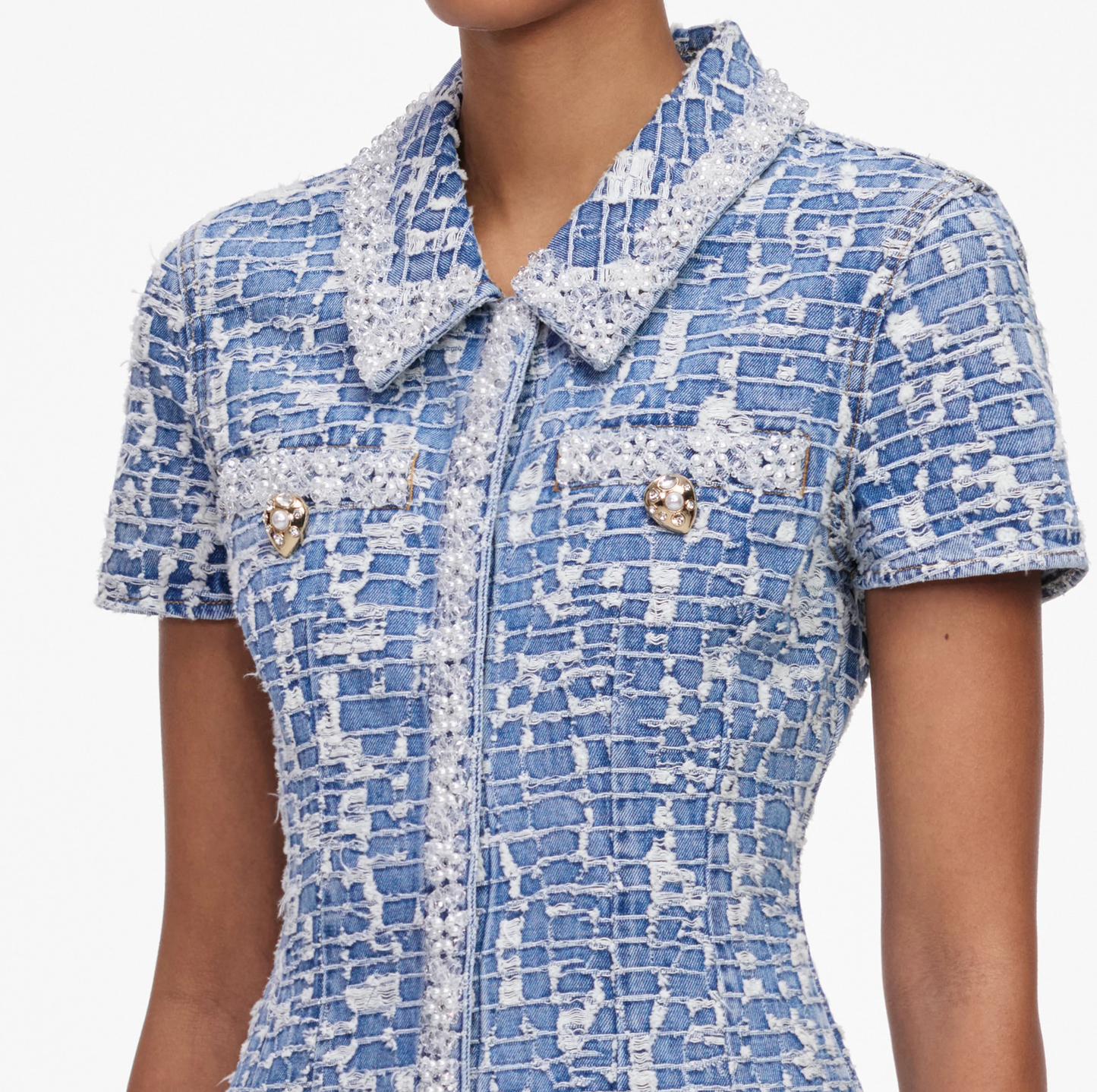 COLLARED TEXTURED DENIM MINI DRESS