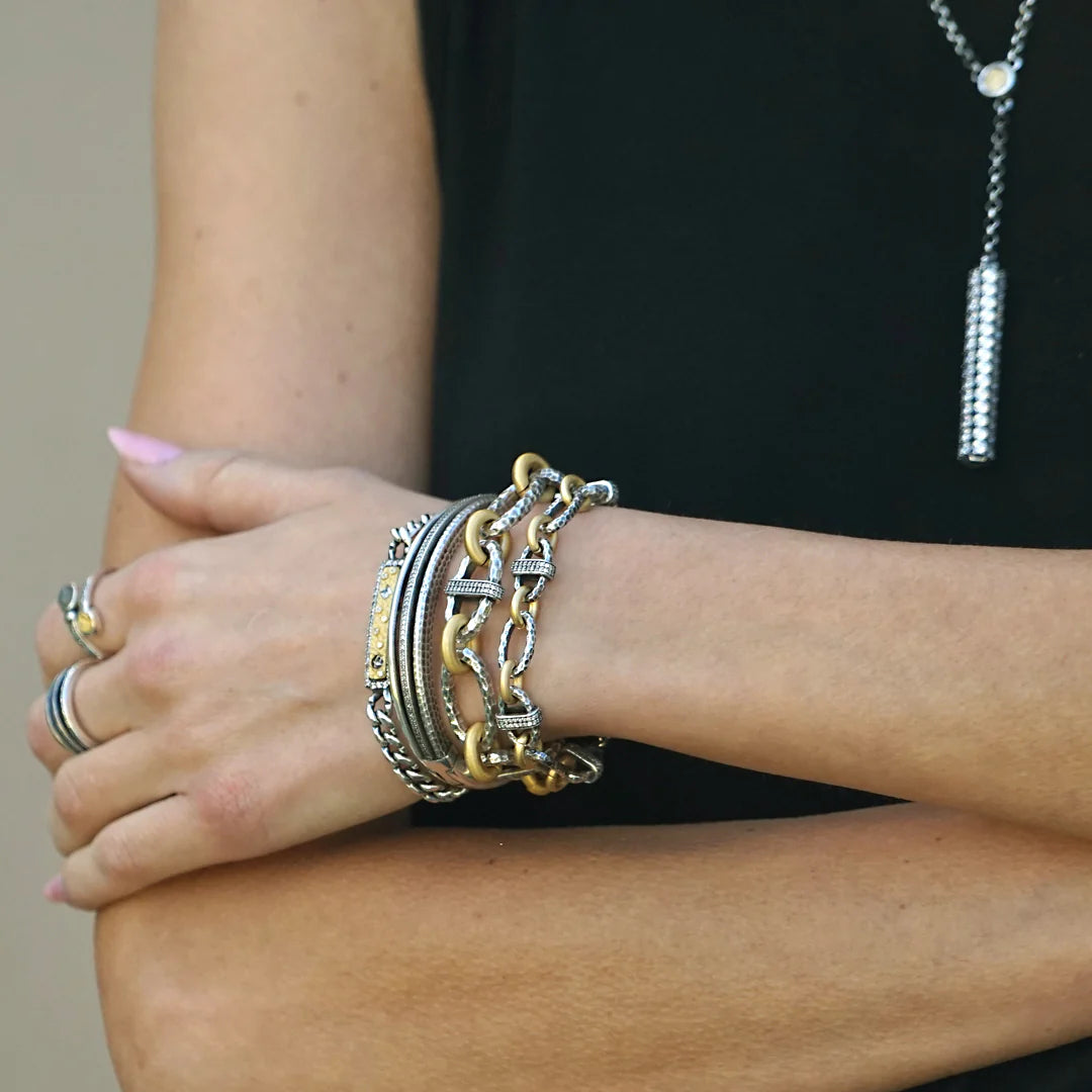 2 TONE PAVE RAVELLE HAMMERED CHAIN BRACELET