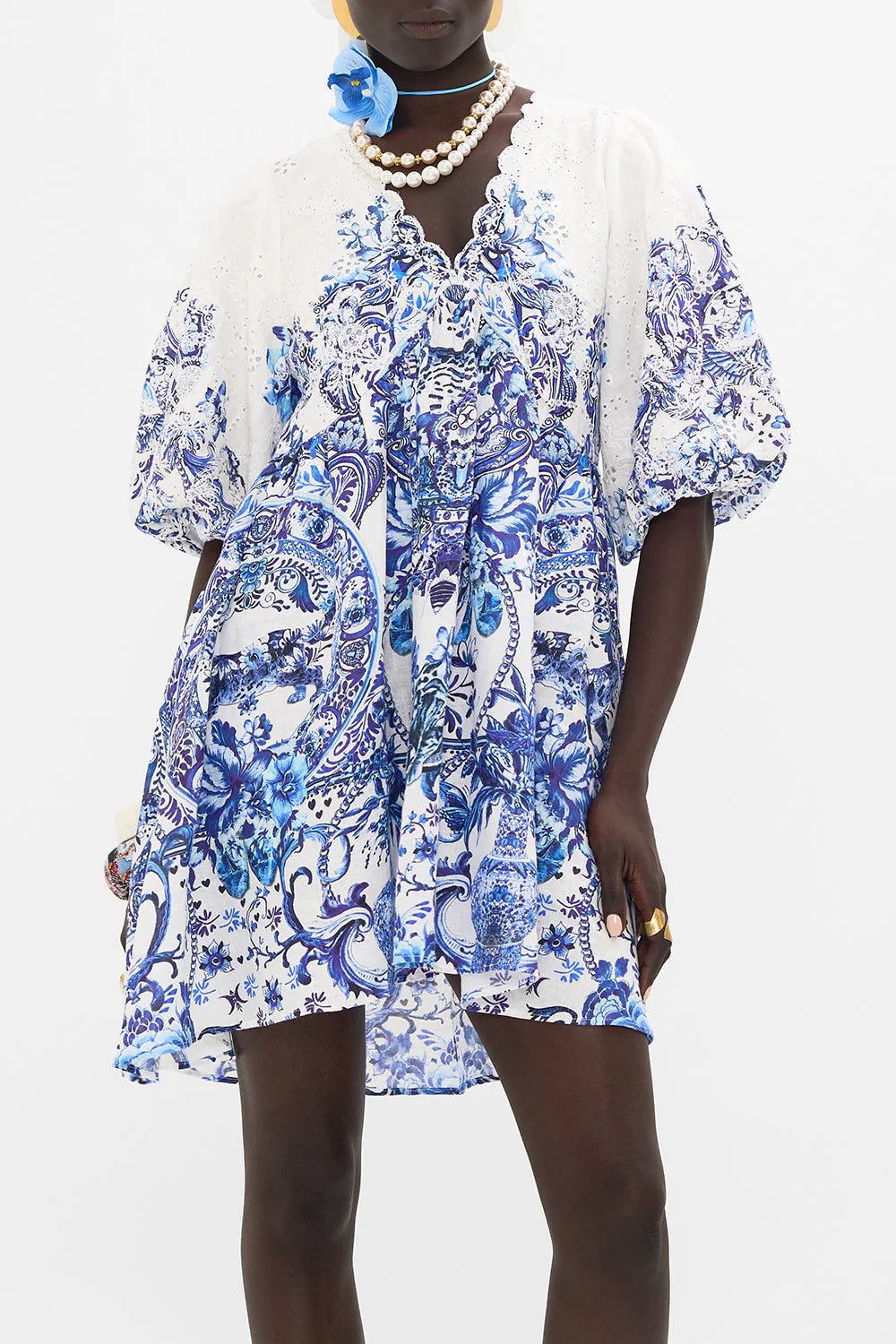 PUFF SLEEVE SHORT DRESS W BORDER